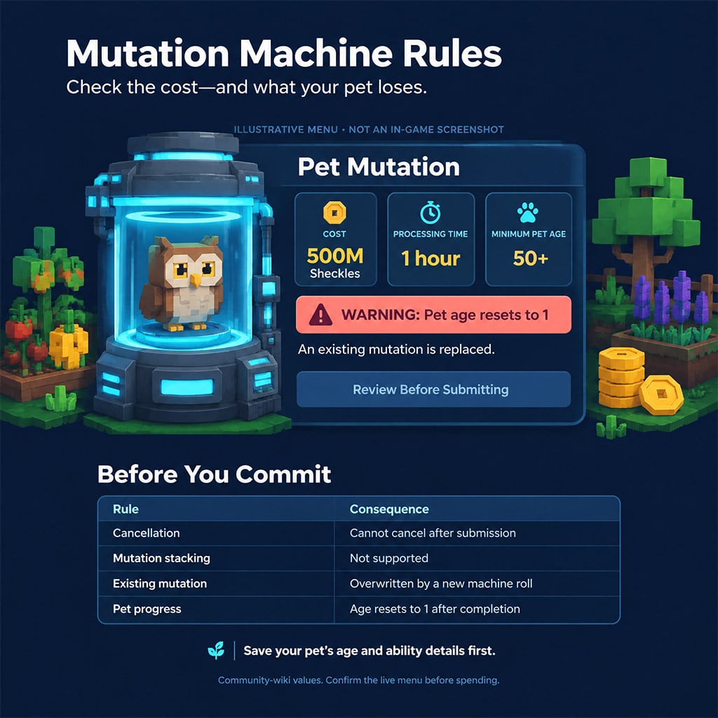 Grow a Garden Mutation Machine interface showing the 500 million Sheckles cost and Age 1 reset warning Grow a Garden Mutation Machine interface showing the 500 million Sheckles cost and Age 1 reset warning