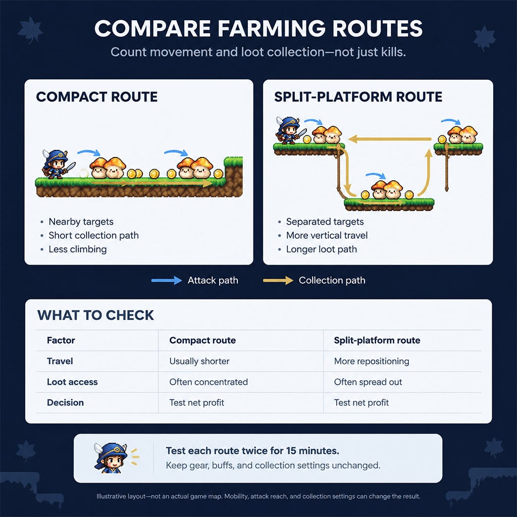 Diagram comparing a compact loot route with a split-platform route Diagram comparing a compact loot route with a split-platform route