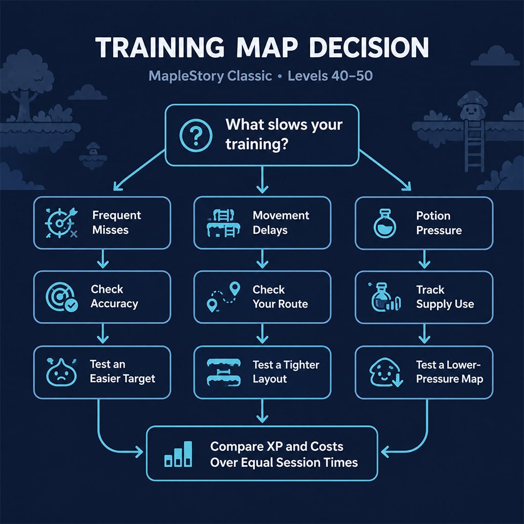 Decision chart for selecting a training map by kills, movement, and supply use