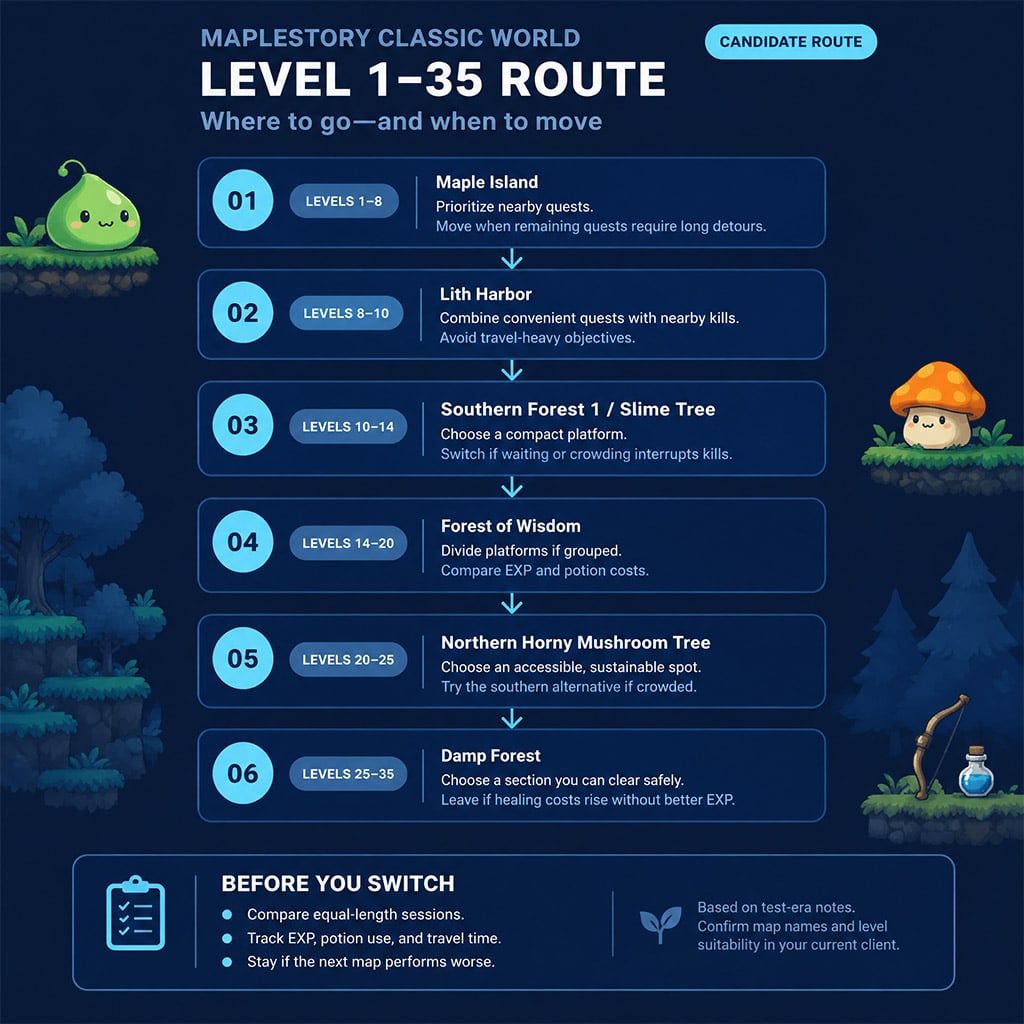 Candidate leveling route from Maple Island to Damp Forest