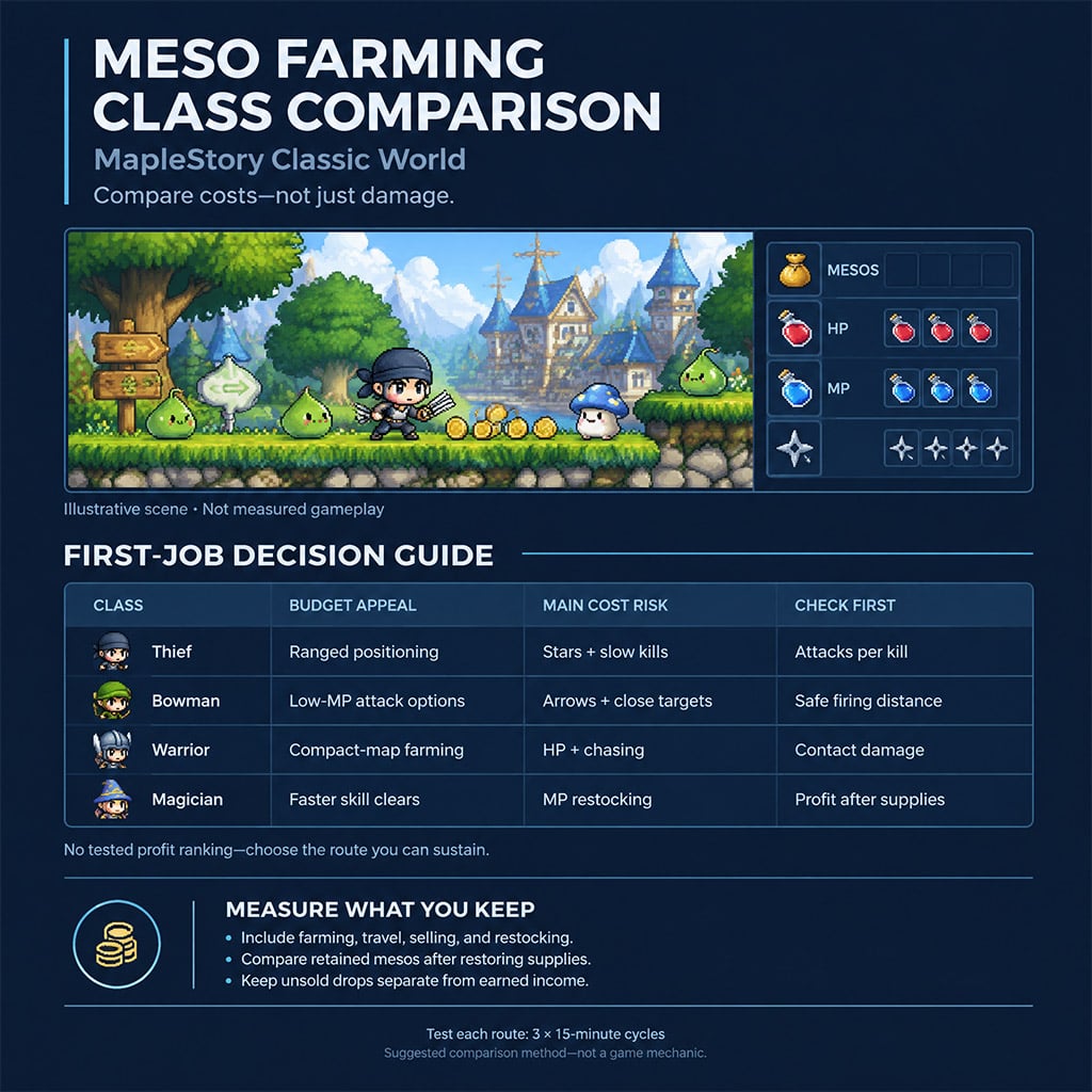 Net meso profit comparison chart between Thief, Bowman, Warrior, and Magician in MapleStory Classic World