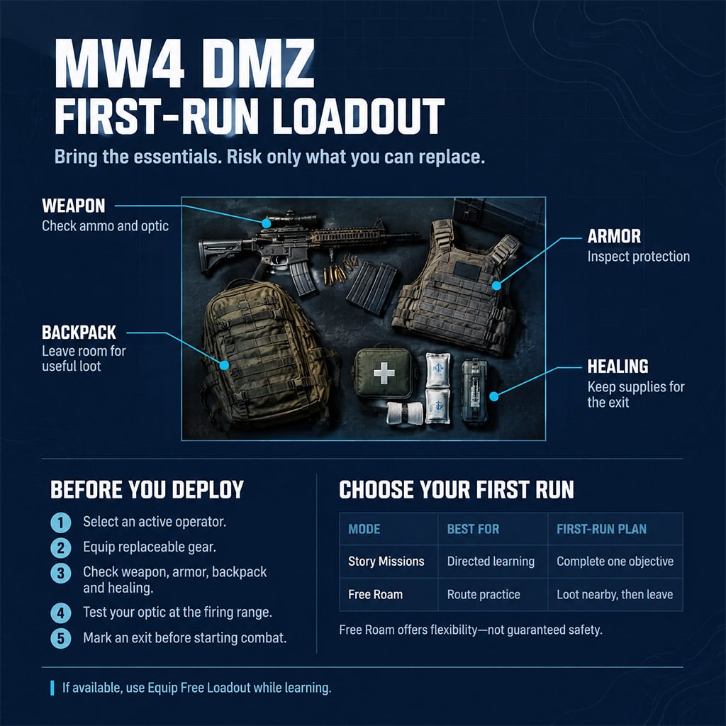 DMZ loadout screen showing weapon, armor, backpack and healing supplies