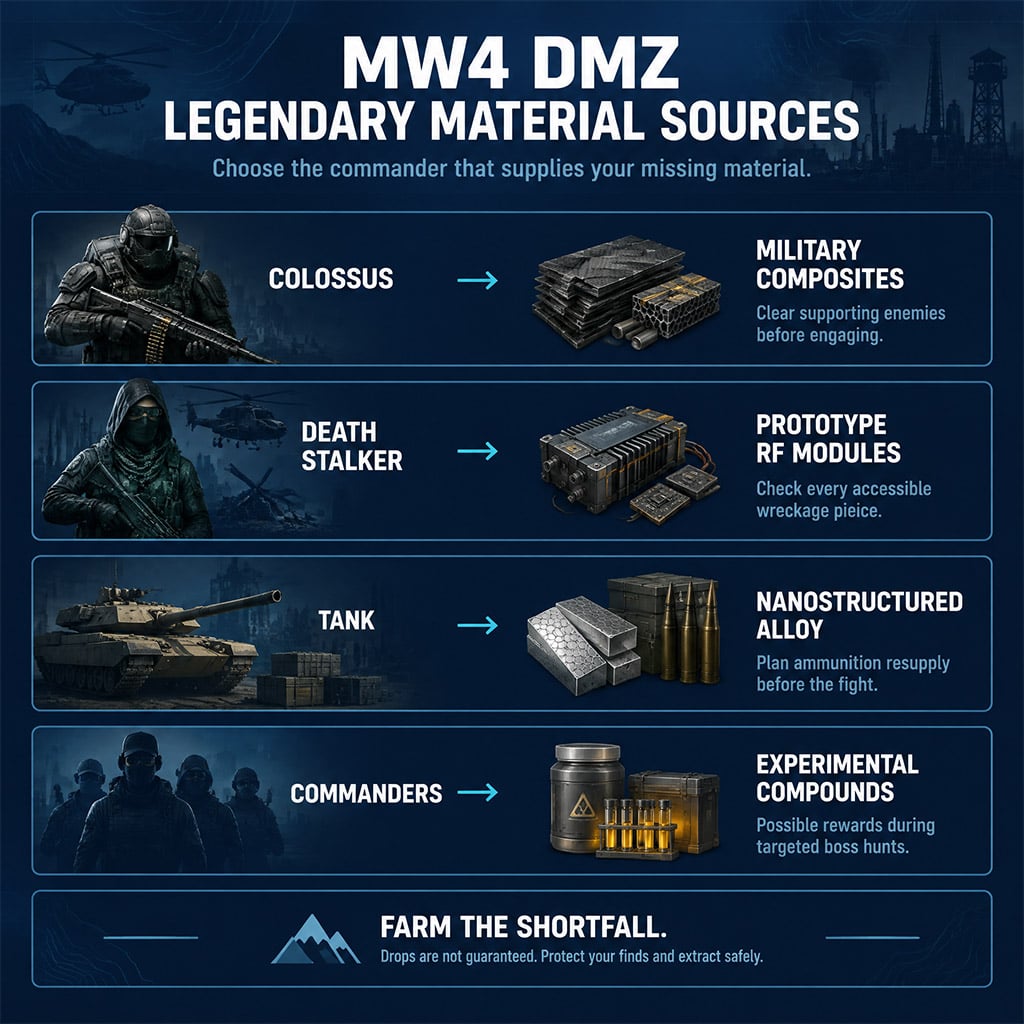 Legendary material names beside their corresponding commander targets