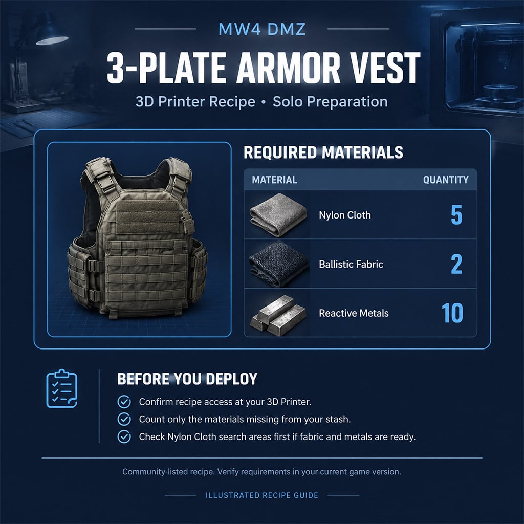 3D Printer crafting menu showing the 3-Plate Armor Vest recipe requirements in MW4 DMZ