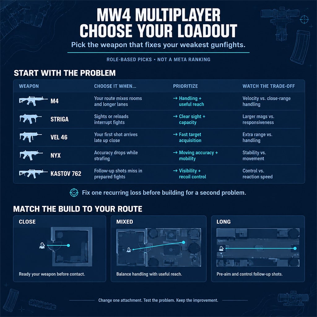 Five weapon roles matched to close-range, tracking, and prepared rifle engagements