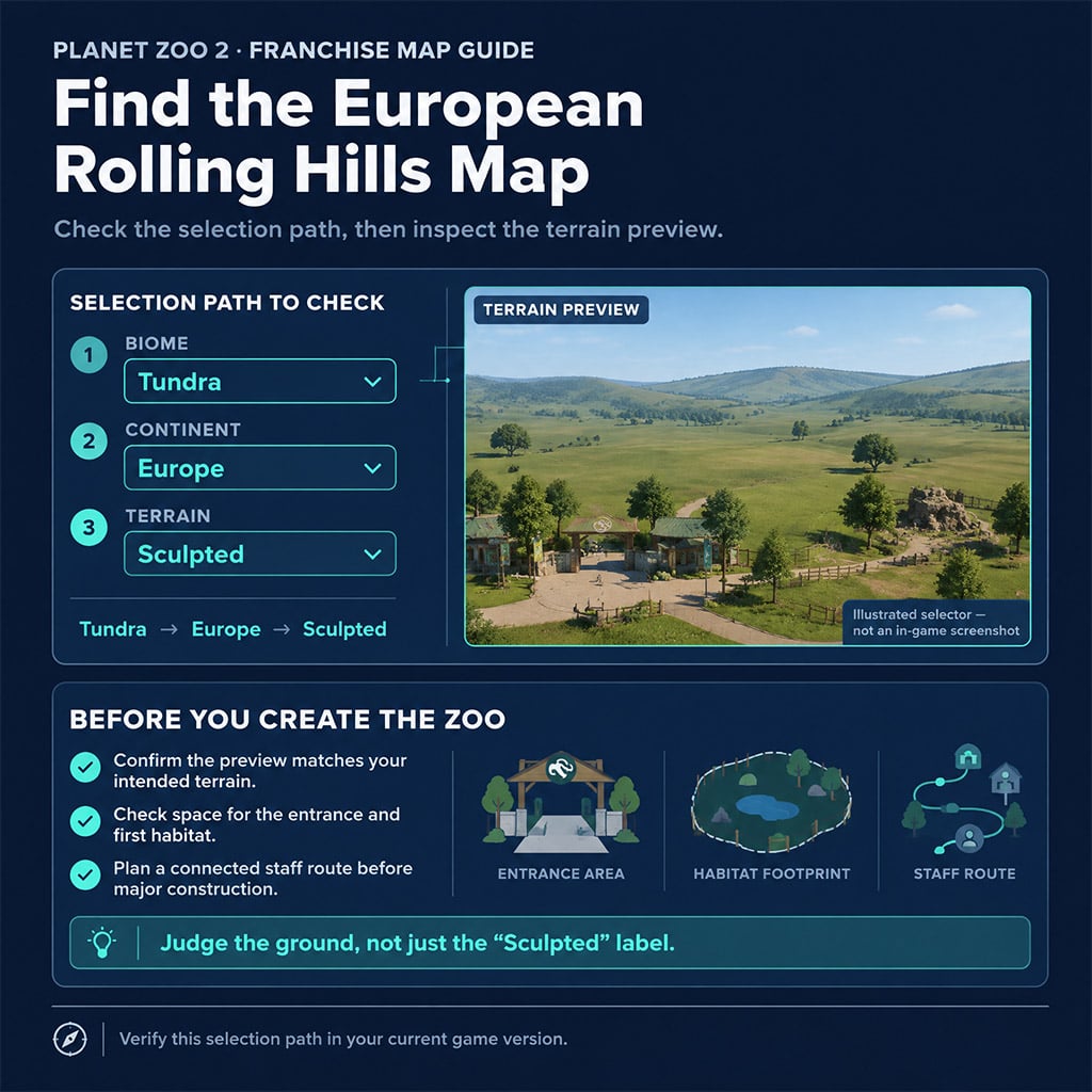 Franchise map selector showing Tundra, Europe, Sculpted, and the resulting terrain preview
