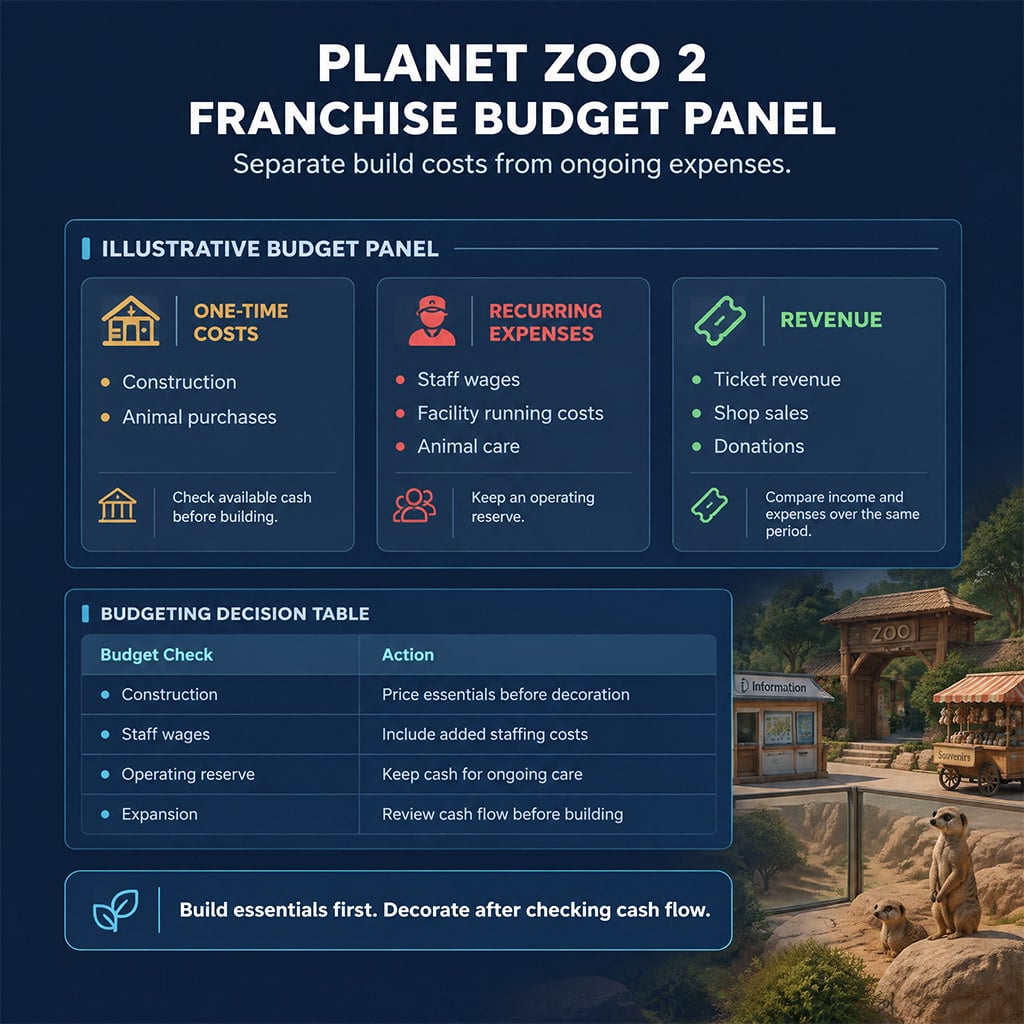 Finance management screen showing construction costs versus recurring staff wages in Planet Zoo 2 Finance management screen showing construction costs versus recurring staff wages in Planet Zoo 2