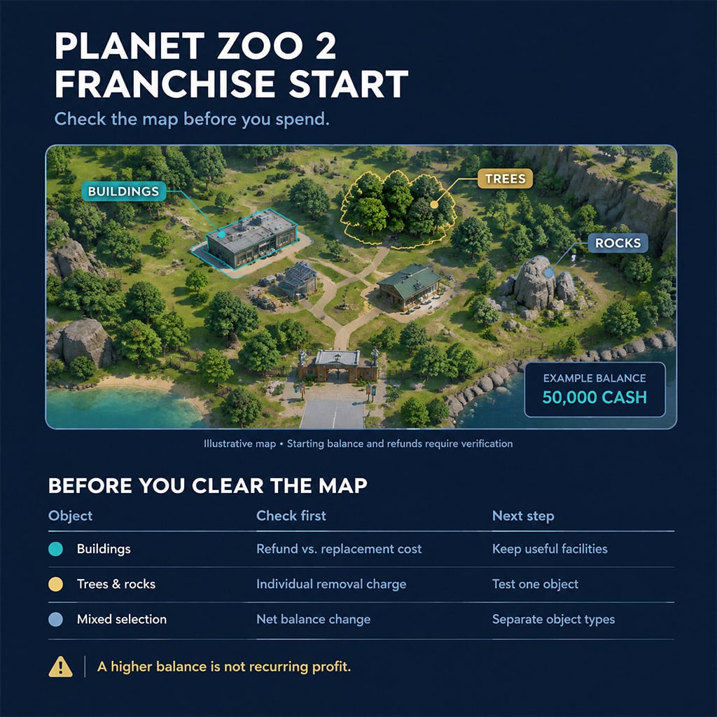 Franchise mode starting map showing pre-placed buildings and foliage in Planet Zoo 2 Franchise mode starting map showing pre-placed buildings and foliage in Planet Zoo 2