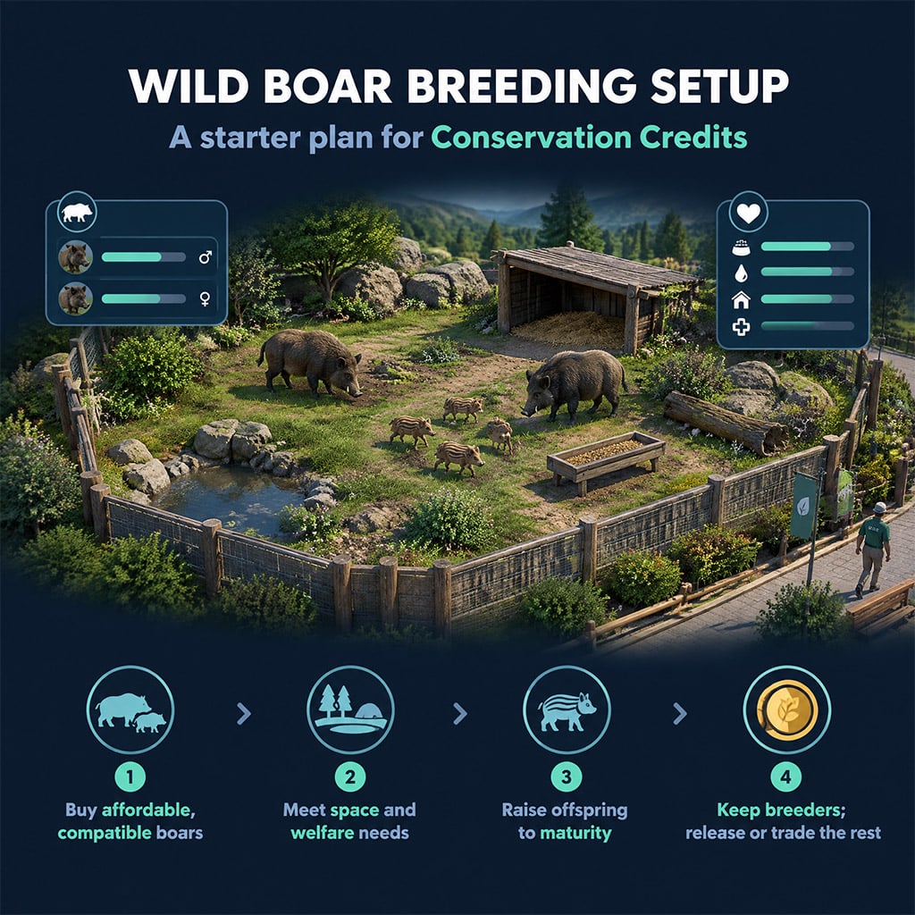 Wild boar habitat with welfare and animal management panels open