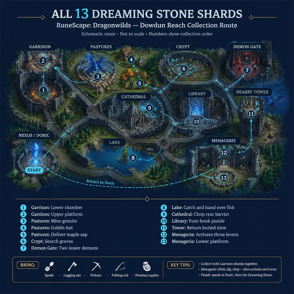 Overhead map showing all 13 Dreaming Stone Shard locations and travel order across Dowdun Reach.