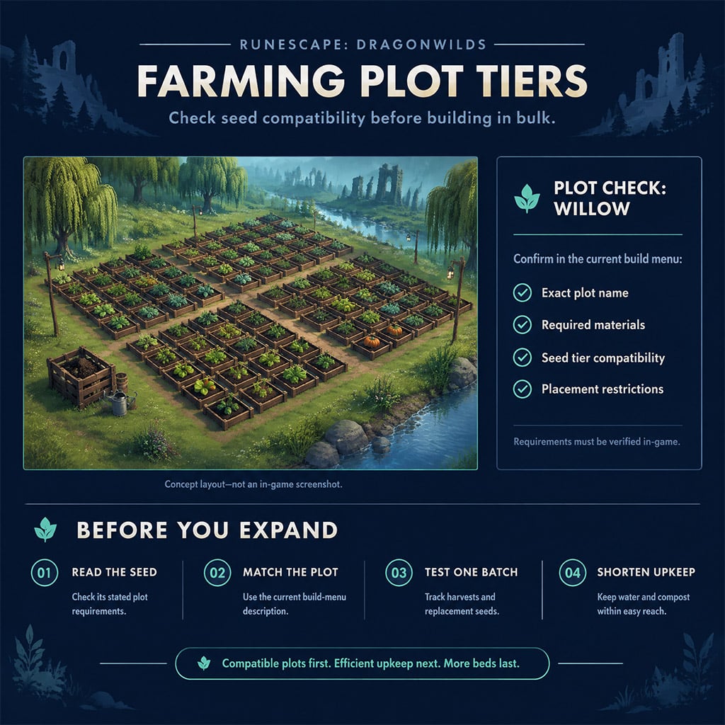 Build menu showing Willow farming plot requirements and seed tier compatibility in RuneScape Dragonwilds