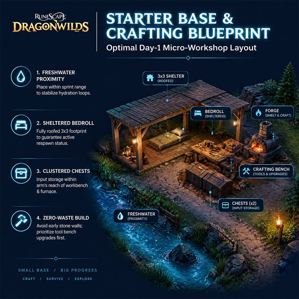 Compact workbench and storage layout placed next to an early water source