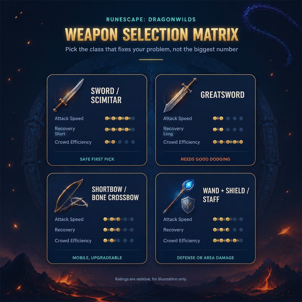 Overview table comparing attack speed, recovery frames, and crowd efficiency across weapon classes in RuneScape Dragonwilds. Overview table comparing attack speed, recovery frames, and crowd efficiency across weapon classes in RuneScape Dragonwilds.
