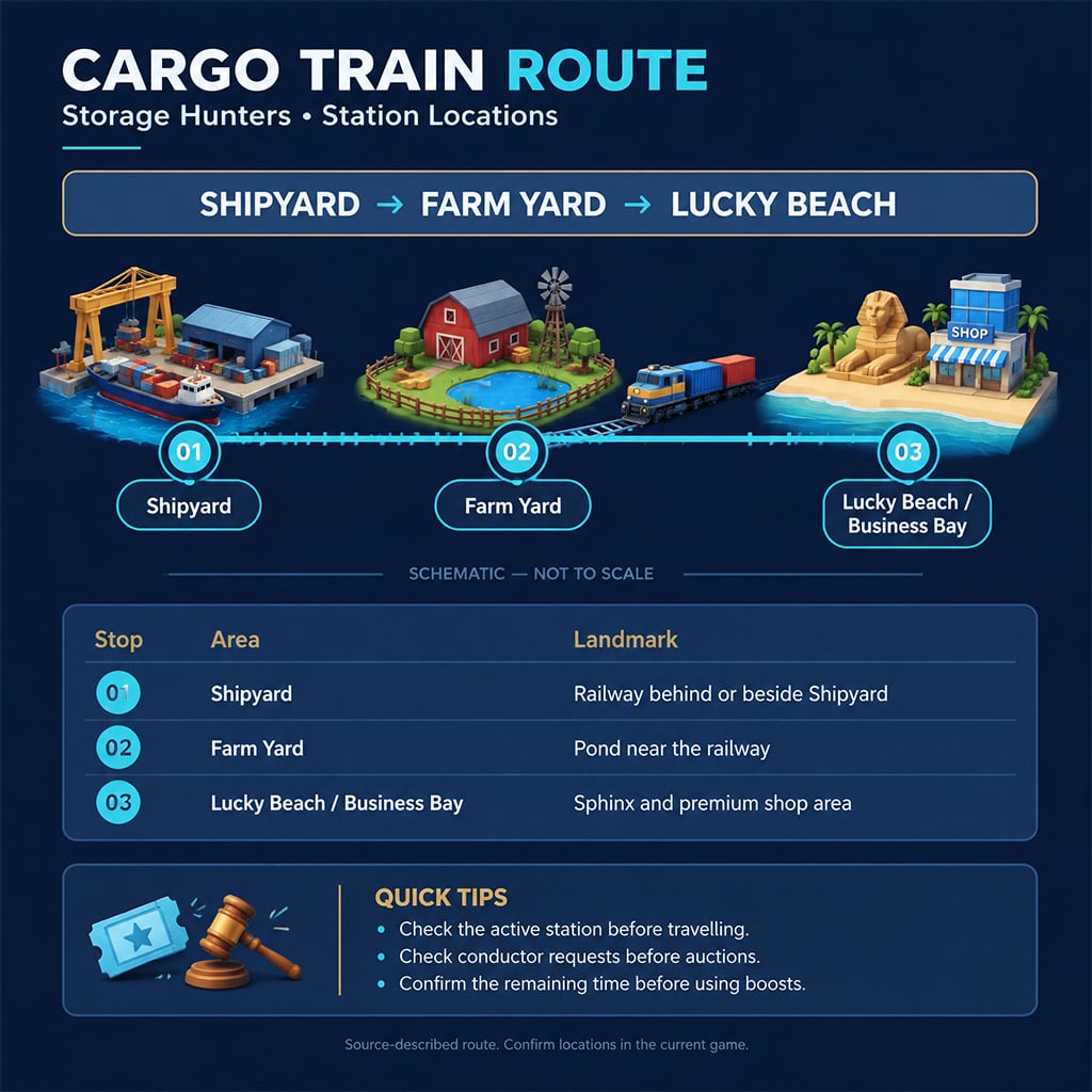 Cargo train route connecting Shipyard, Farm Yard and Lucky Beach
