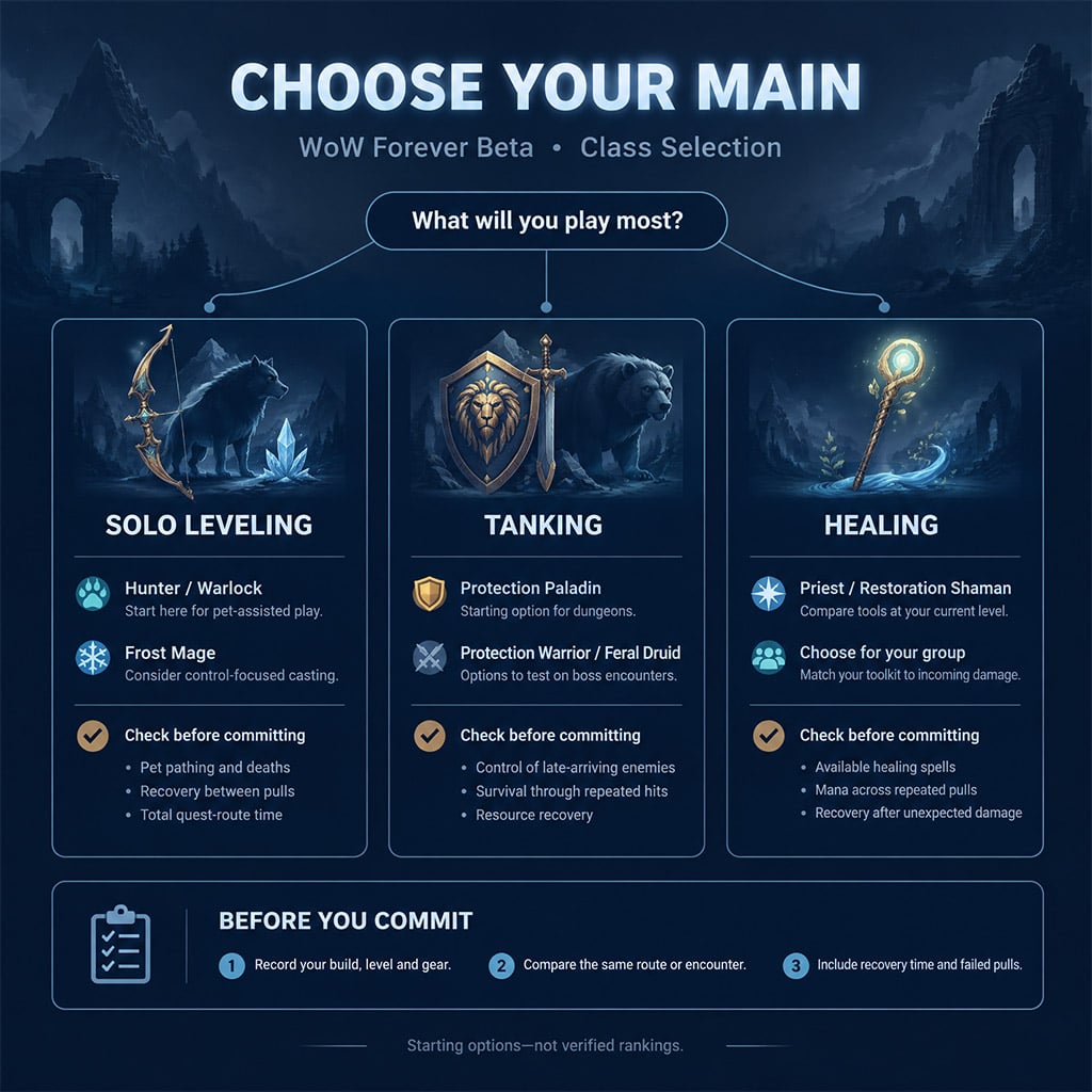 Class selection chart organized by leveling, tanking and healing priorities