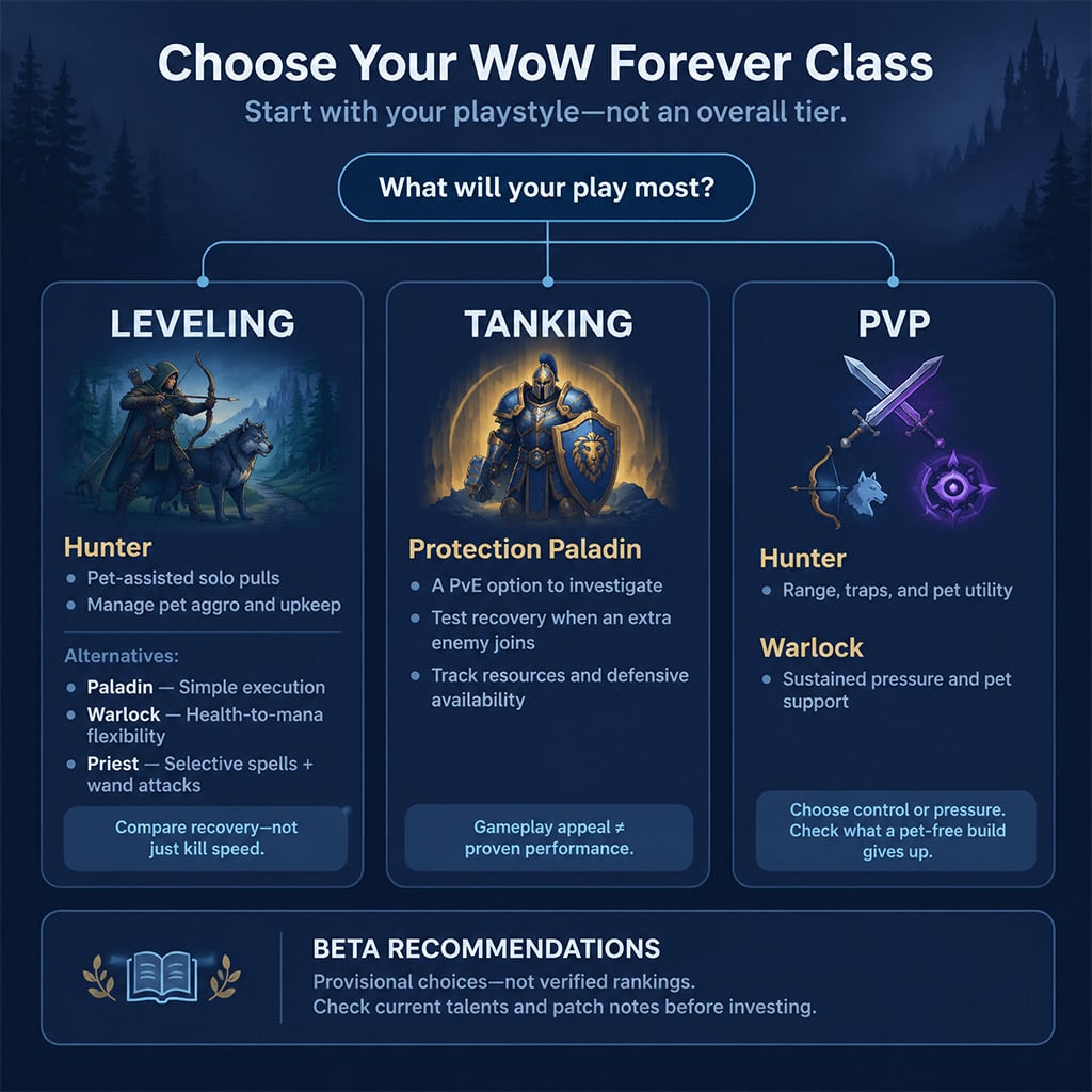 Class-selection flowchart organized by leveling, tanking, and PvP priorities