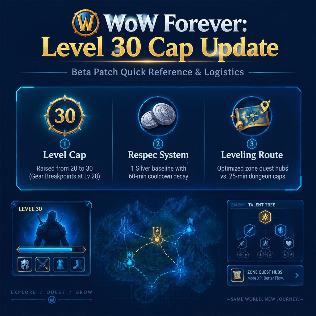 WoW Forever character selection screen showing level 30 cap progression interface