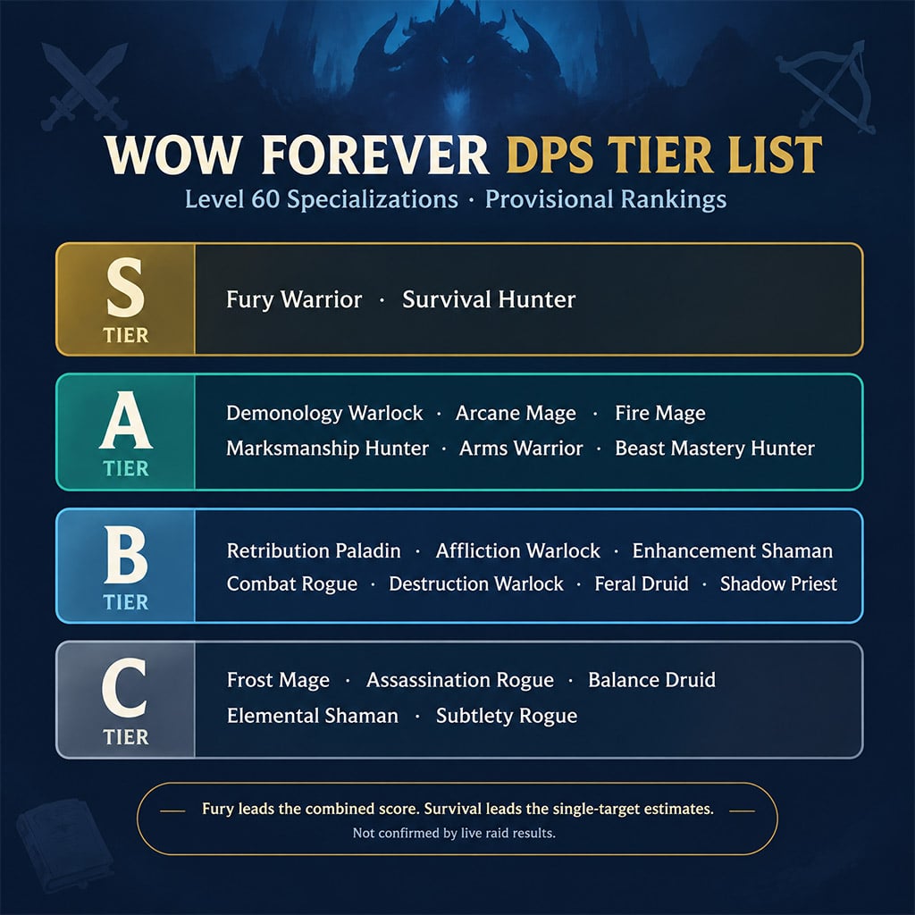 Level 60 DPS specializations grouped by provisional tier