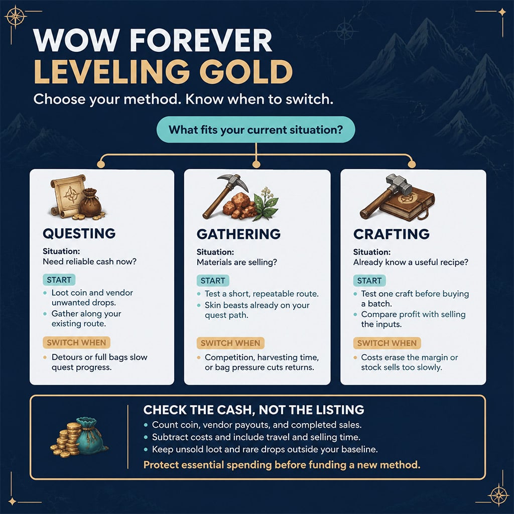 Decision chart matching questing, gathering, and crafting to cash needs Decision chart matching questing, gathering, and crafting to cash needs