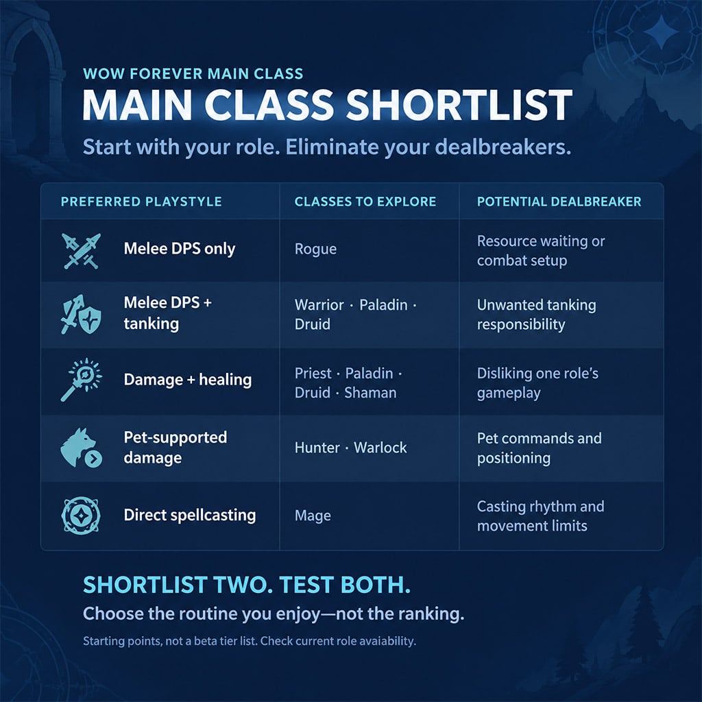 Class shortlist grouped by preferred role and potential dealbreaker