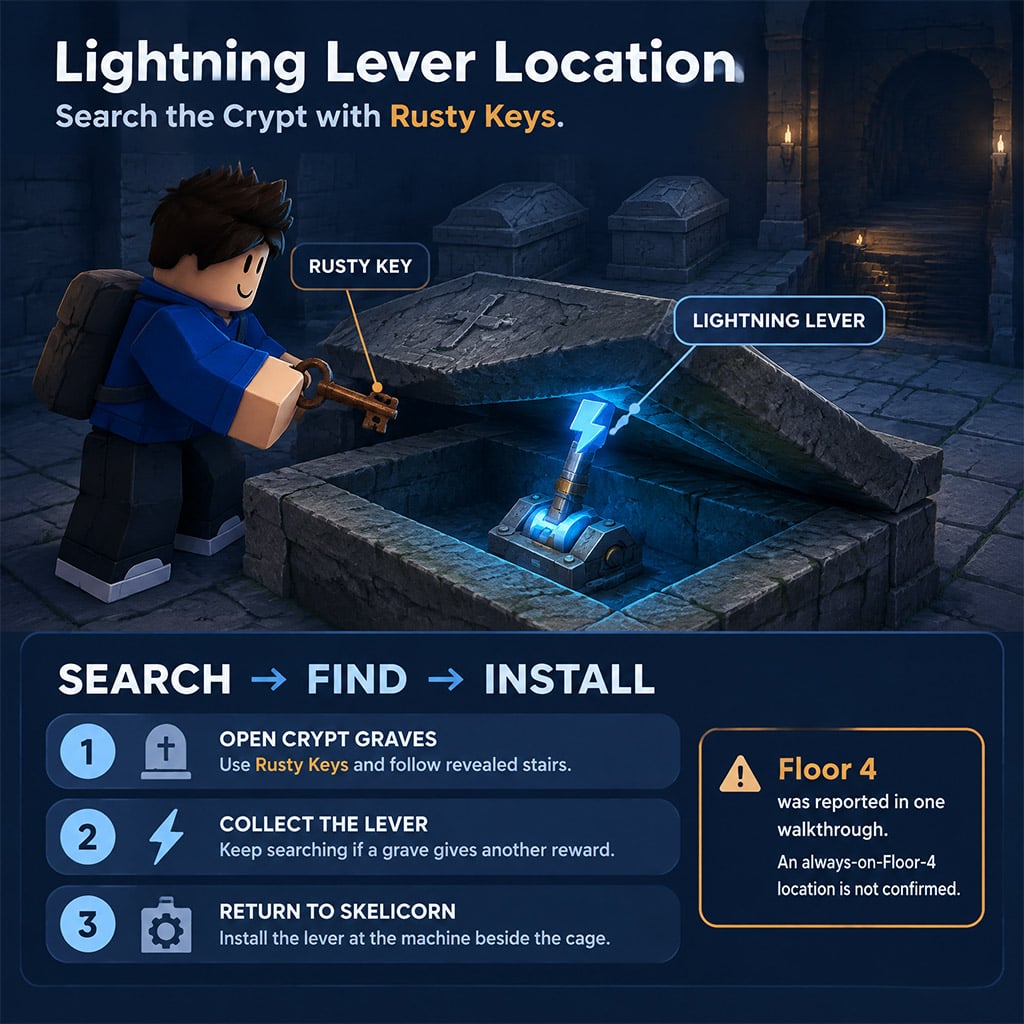 Player opening a stone grave on Floor 4 of the Crypt using a Rusty Key to find the Lightning Lever Player opening a stone grave on Floor 4 of the Crypt using a Rusty Key to find the Lightning Lever
