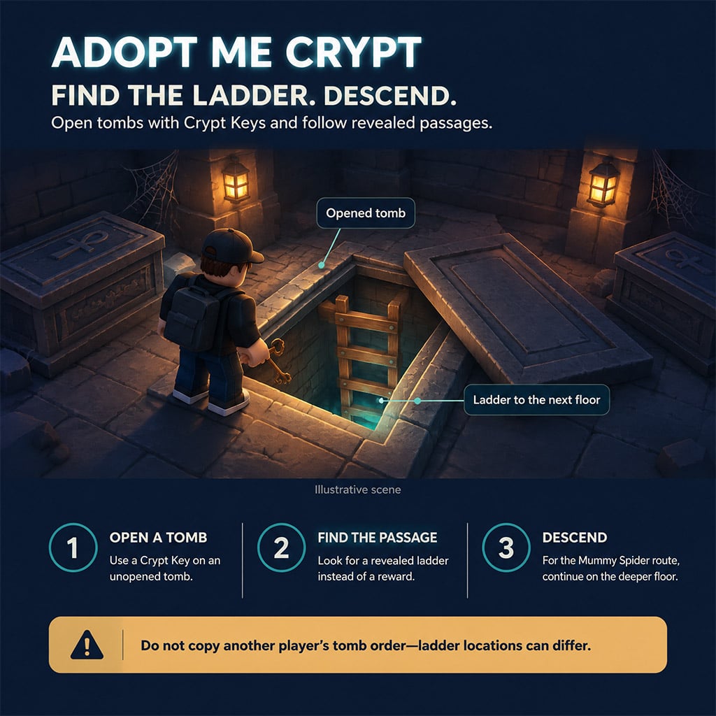 Player character standing over an opened stone tomb revealing a wooden ladder down to the next Crypt floor