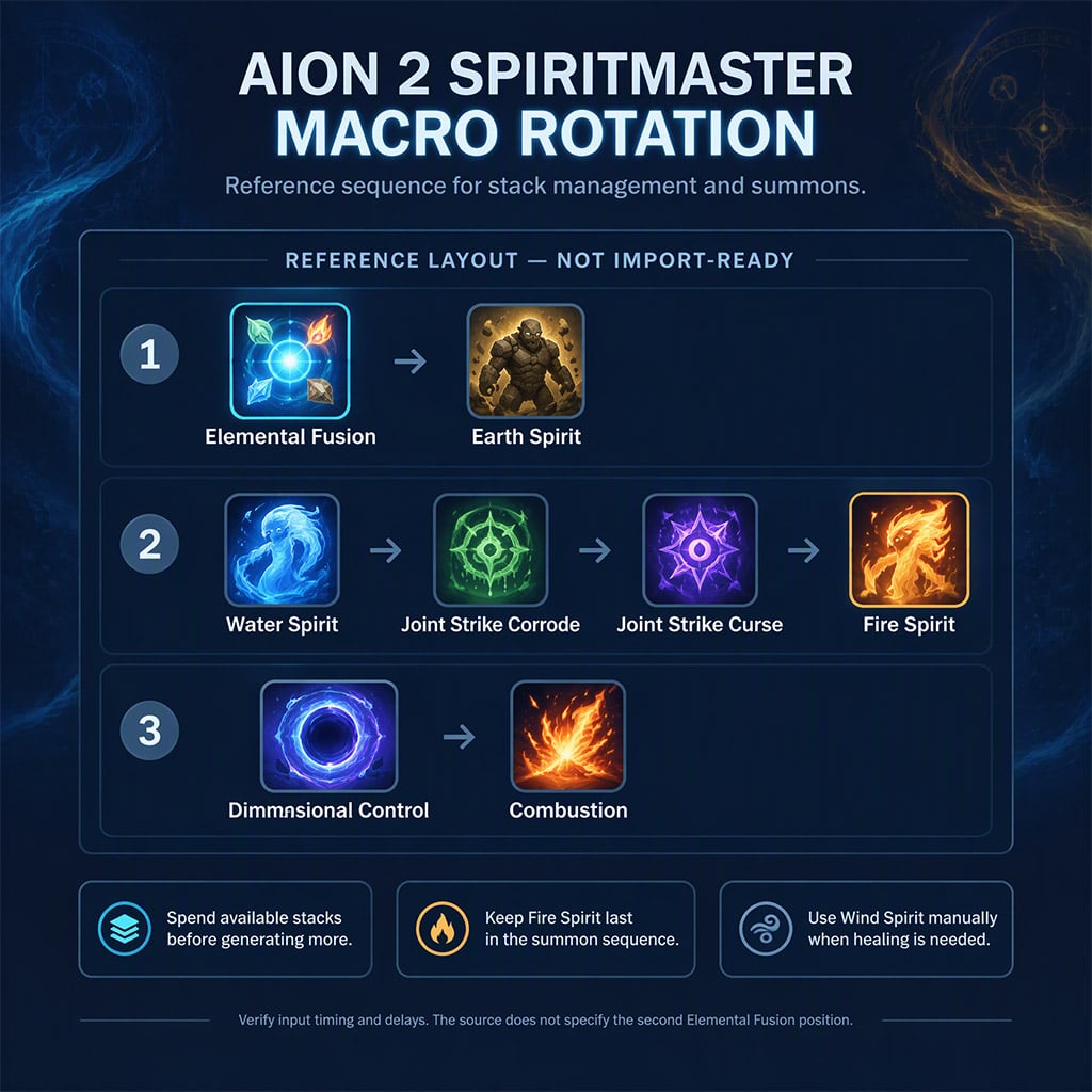 AION 2 Spiritmaster macro setup window showing the three-step Elemental Fusion and summon sequence AION 2 Spiritmaster macro setup window showing the three-step Elemental Fusion and summon sequence