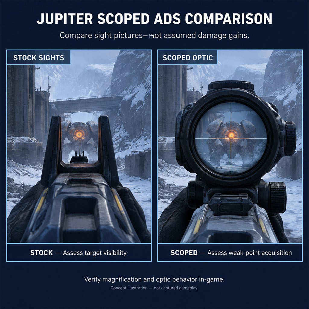 Side-by-side comparison of stock Jupiter iron sights versus the amplified Scoped optic aiming at a Bastion core