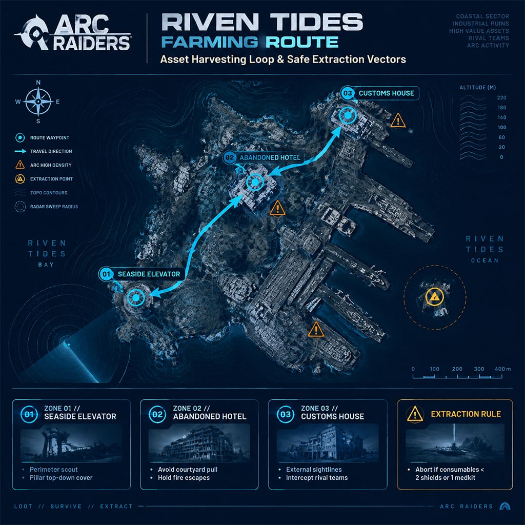 Tactical top-down schematic of the Riven Tides coastal sector and extraction points