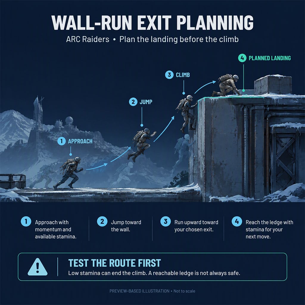 Illustrative wall-run sequence showing approach, jump, climb and planned landing.
