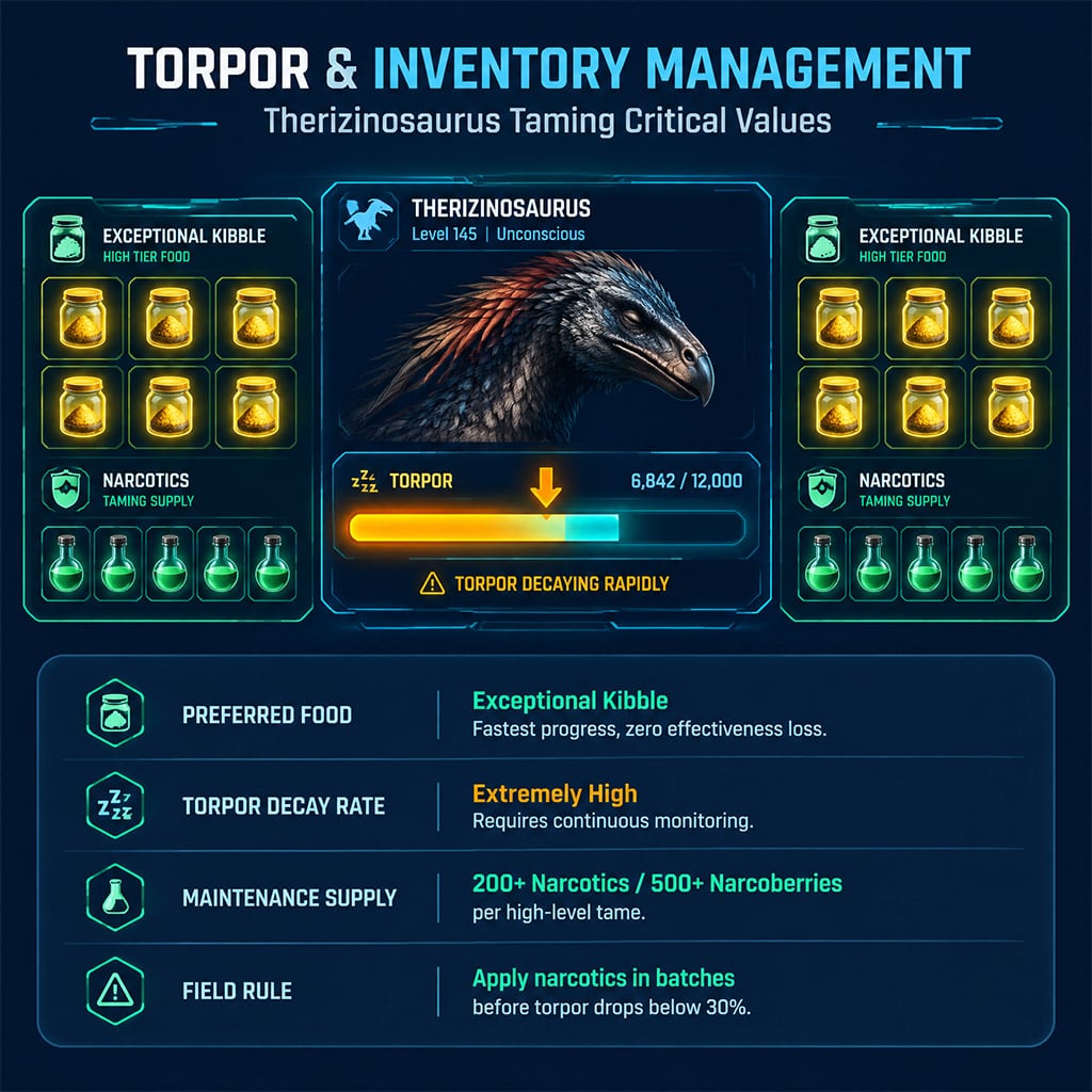 Inventory interface showing Exceptional Kibble and Narcotics stacked in an unconscious Therizinosaurus