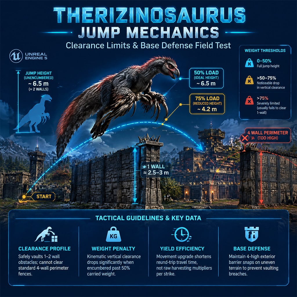 Therizinosaurus executing an obstacle leap over stone defensive barriers Therizinosaurus executing an obstacle leap over stone defensive barriers