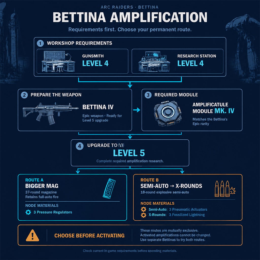 Bettina upgrade checklist showing workshop levels and required module