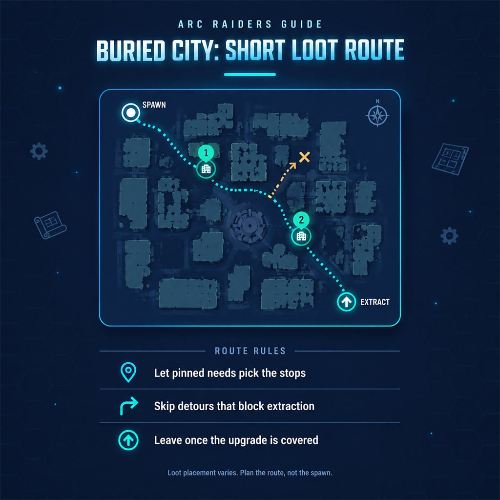 Map sketch of a Buried City raid route from spawn to extraction with two loot stops