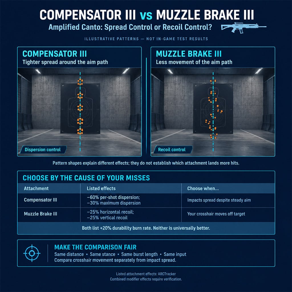 Wall spray comparison between Compensator III dispersion and Muzzle Brake III recoil on the Amplified Canto