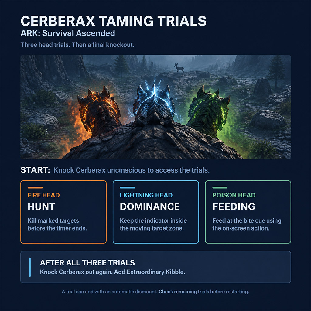 Player mounted on Cerberax head during a taming trial in ARK Survival Ascended