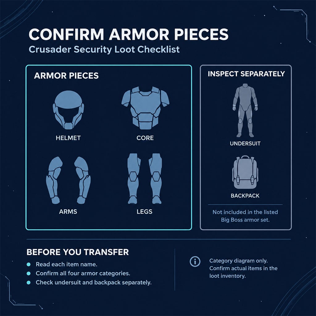 Checklist separating armor pieces from an undersuit and backpack