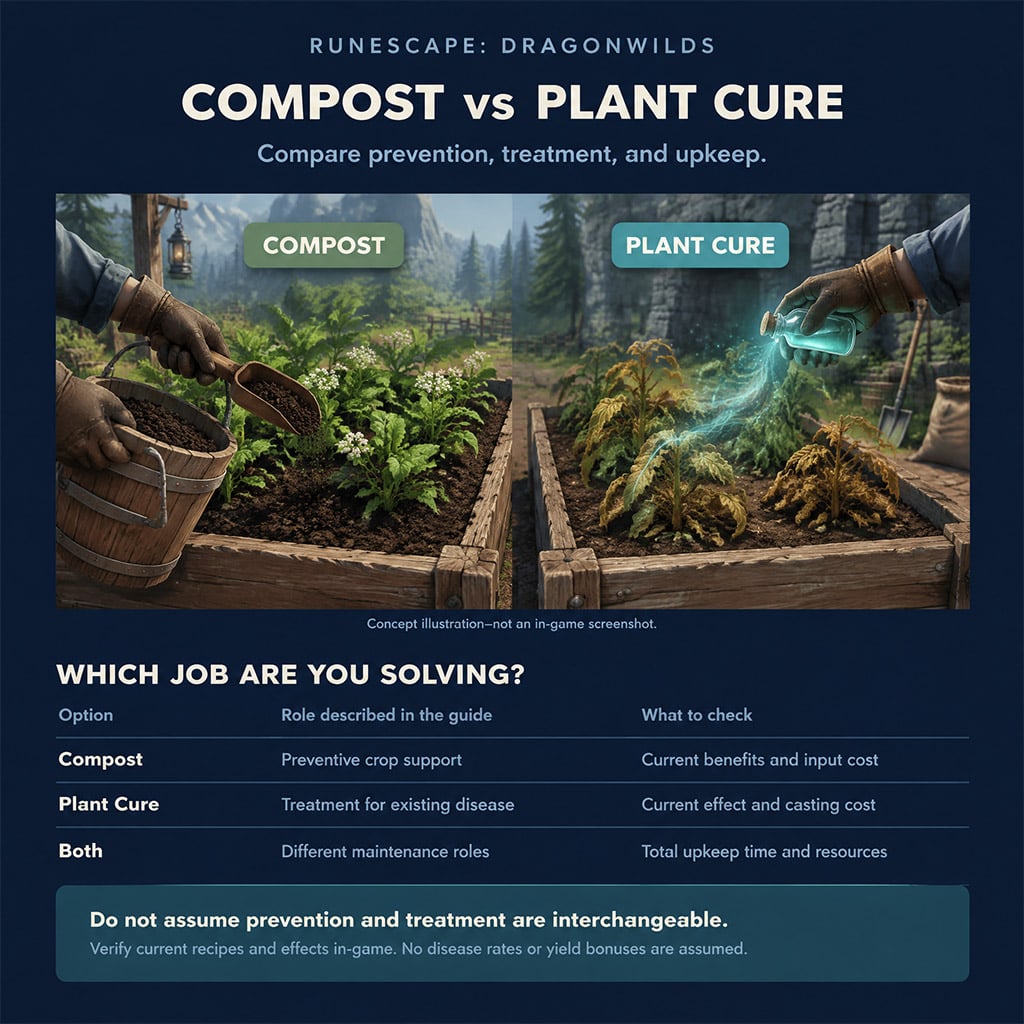 Player applying compost and Plant Cure to diseased crops in RuneScape Dragonwilds