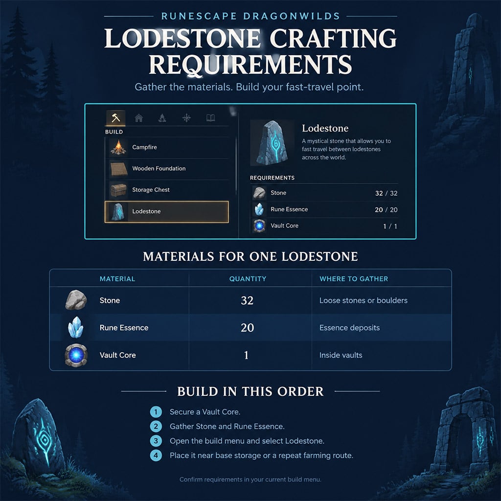 Lodestone build-menu recipe showing Stone, Rune Essence, and Vault Core requirements