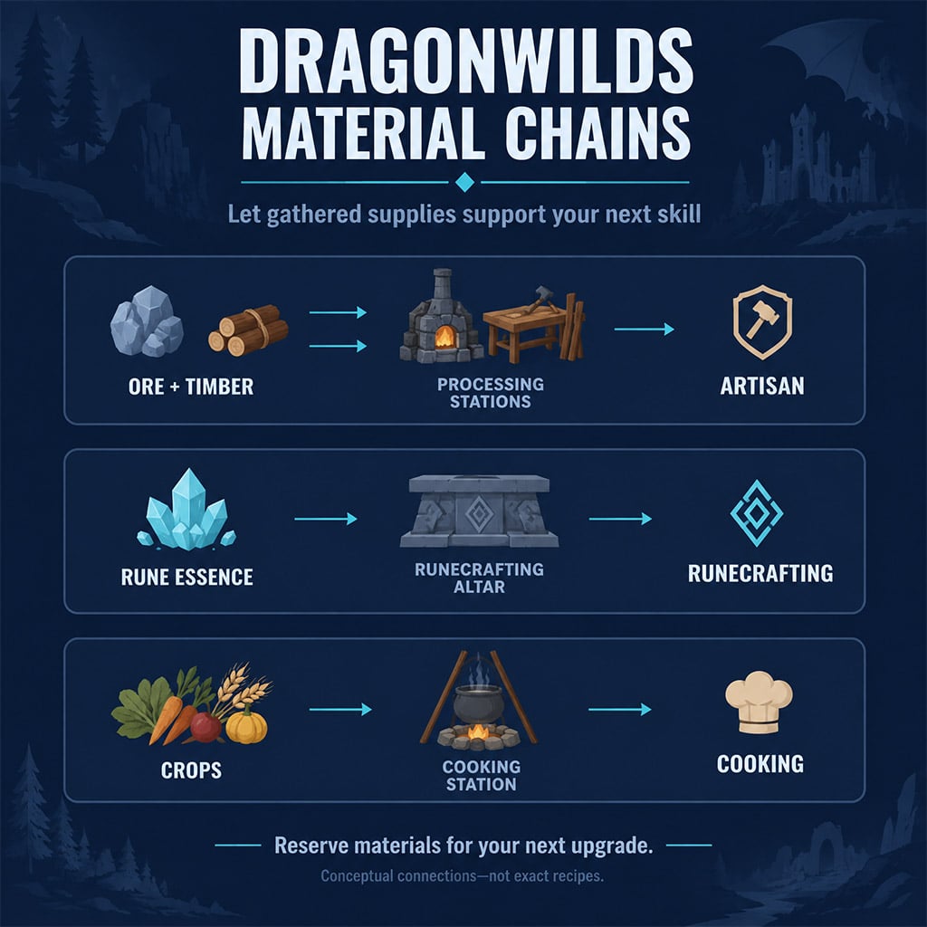 Material chains linking ore and timber to Artisan, essence to Runecrafting, and crops to Cooking.