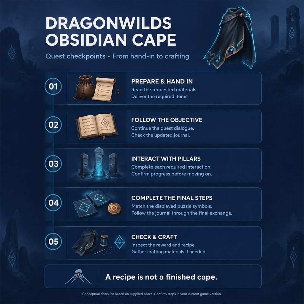 Quest checklist showing hand-in, pillar interactions, objective confirmation, and crafting