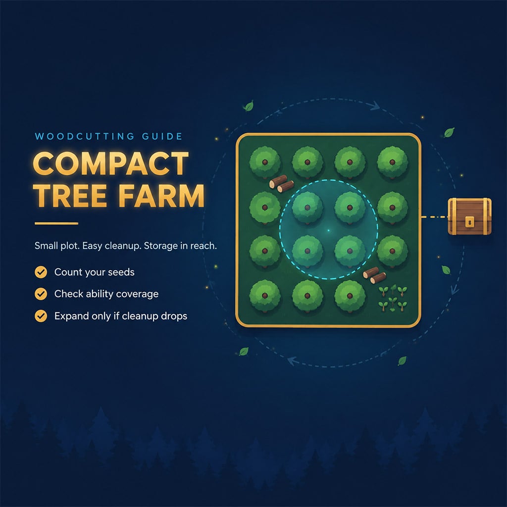 Compact planted-tree plot with storage chest within reach