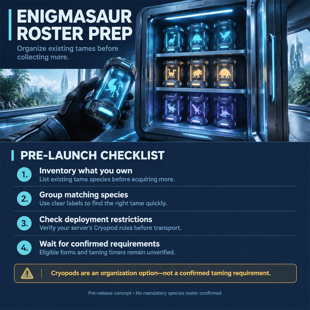 Player organizing color-coded Cryopods in a Tek Cryofridge for Enigmasaur taming Player organizing color-coded Cryopods in a Tek Cryofridge for Enigmasaur taming
