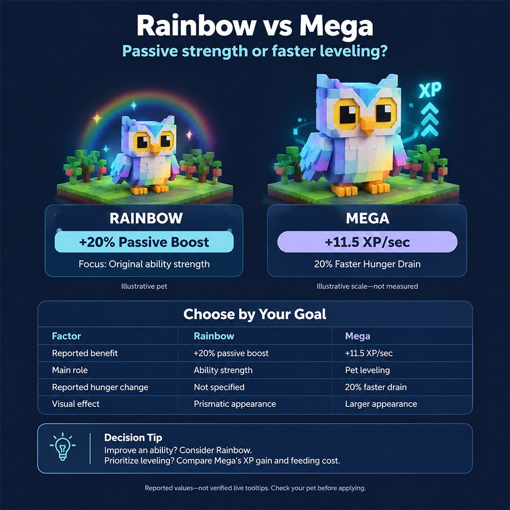 Side-by-side comparison of Rainbow and Mega mutated pets in Grow a Garden showing size difference and passive tooltip boosts Side-by-side comparison of Rainbow and Mega mutated pets in Grow a Garden showing size difference and passive tooltip boosts