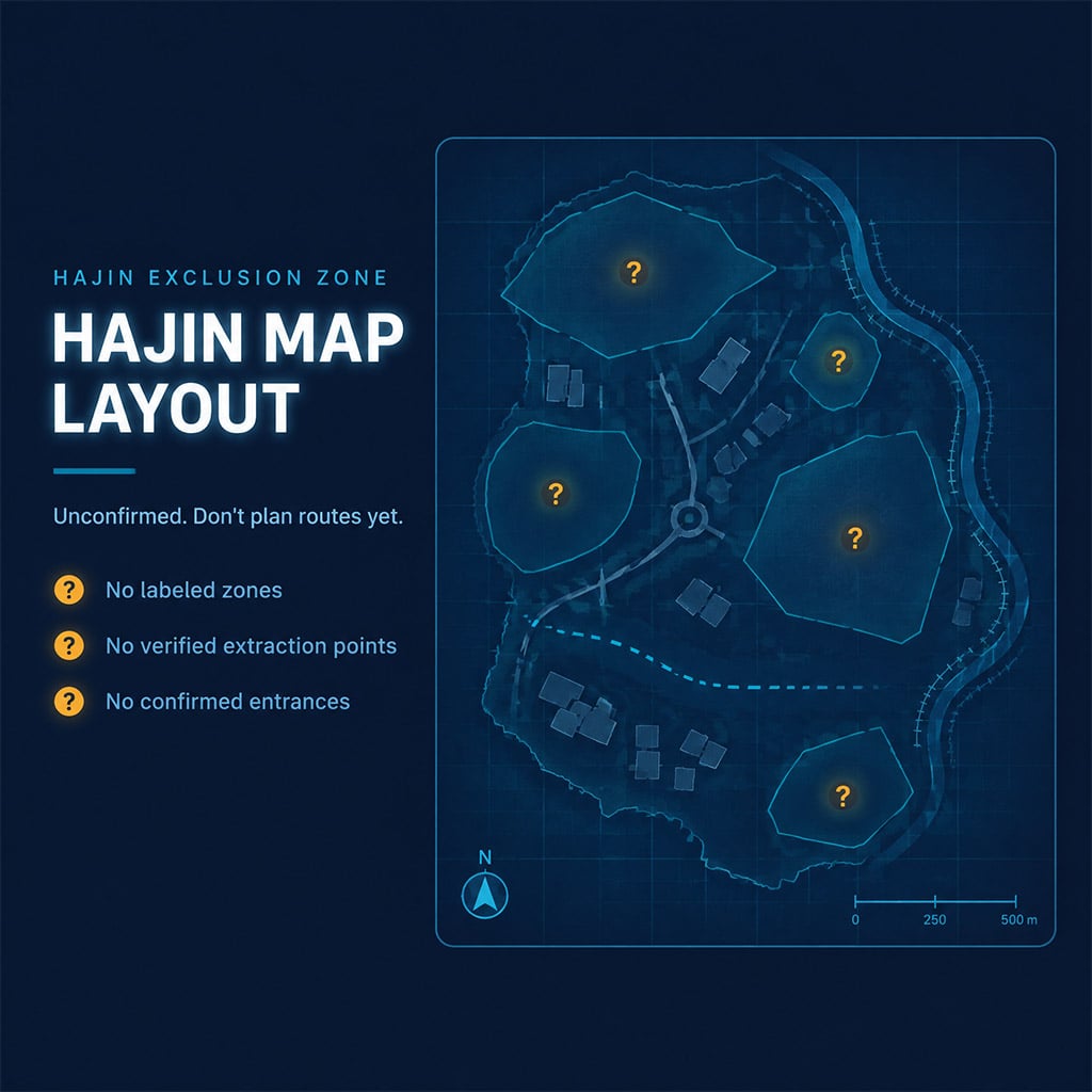 Blank tactical map grid with unlabeled zones, showing that Hajin's layout is unconfirmed