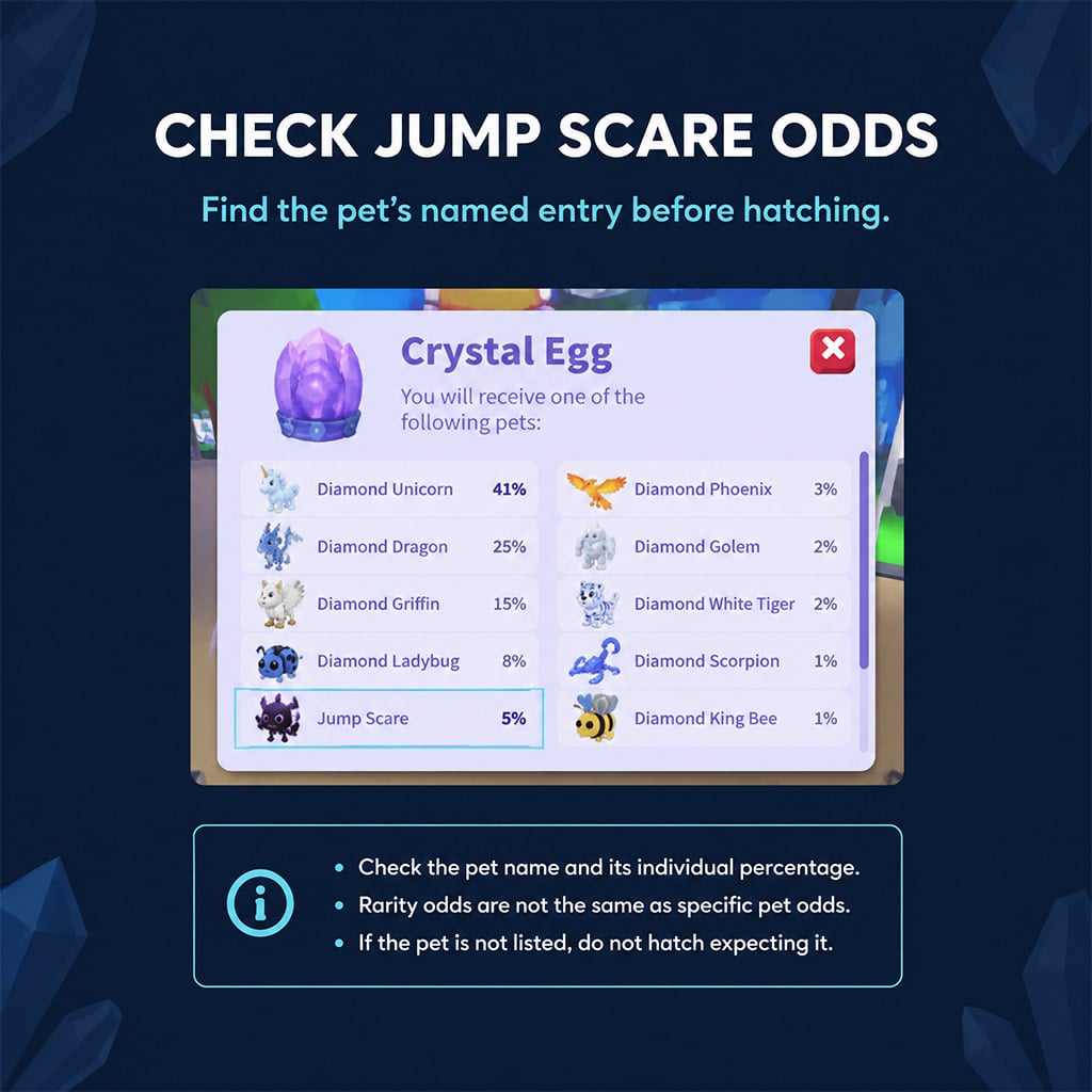 Crystal Egg odds screen showing Jump Scare's named entry and percentage