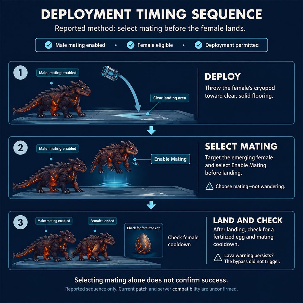 Three-panel diagram showing cryopod deployment, mating selection, and landing