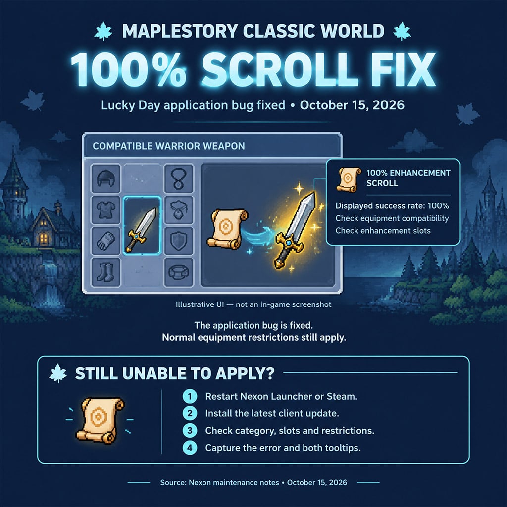 MapleStory Classic World equipment window applying a 100 percent enhancement scroll after the October 15 client update MapleStory Classic World equipment window applying a 100 percent enhancement scroll after the October 15 client update