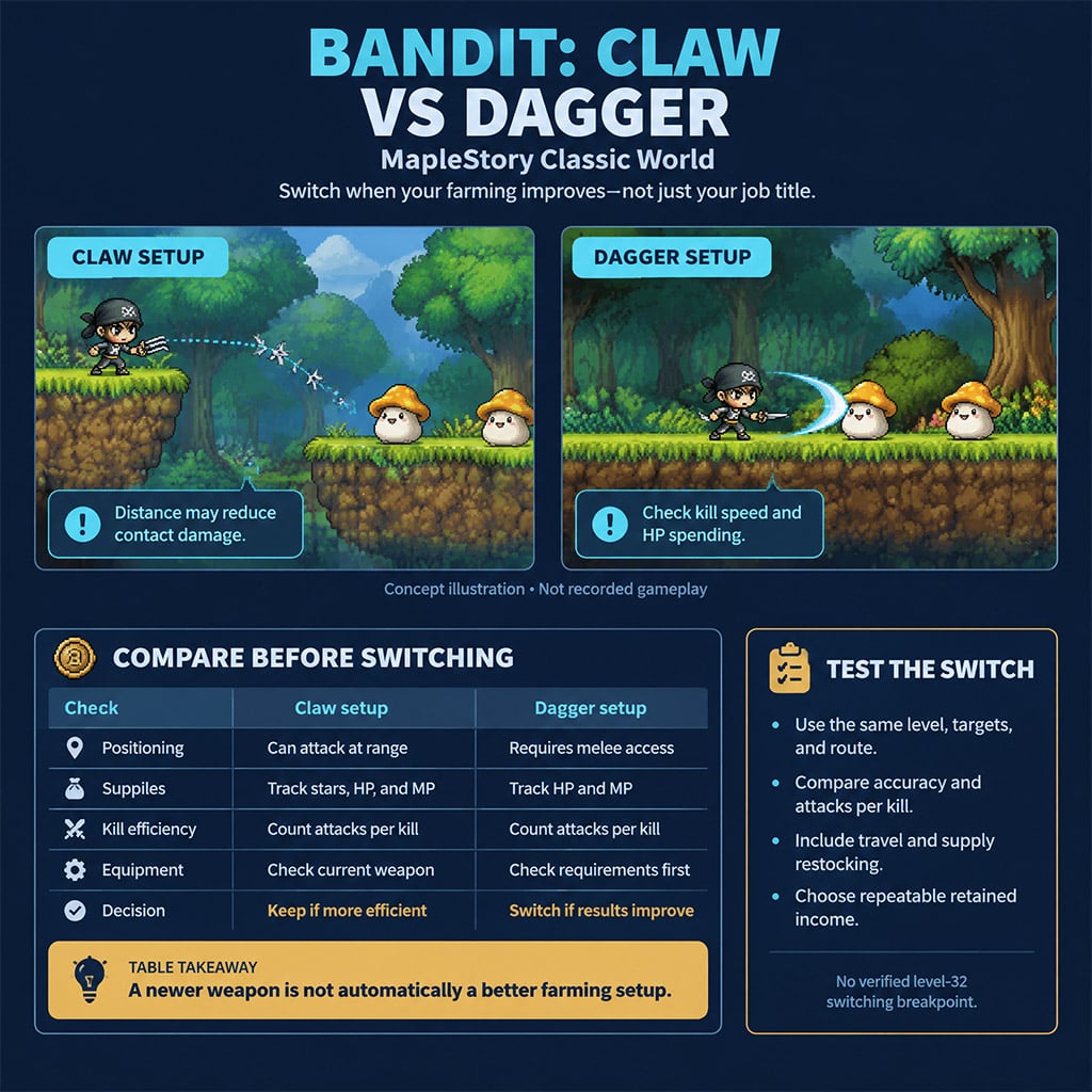 Level 32 Bandit using a claw instead of a dagger to avoid contact damage in MapleStory Classic World