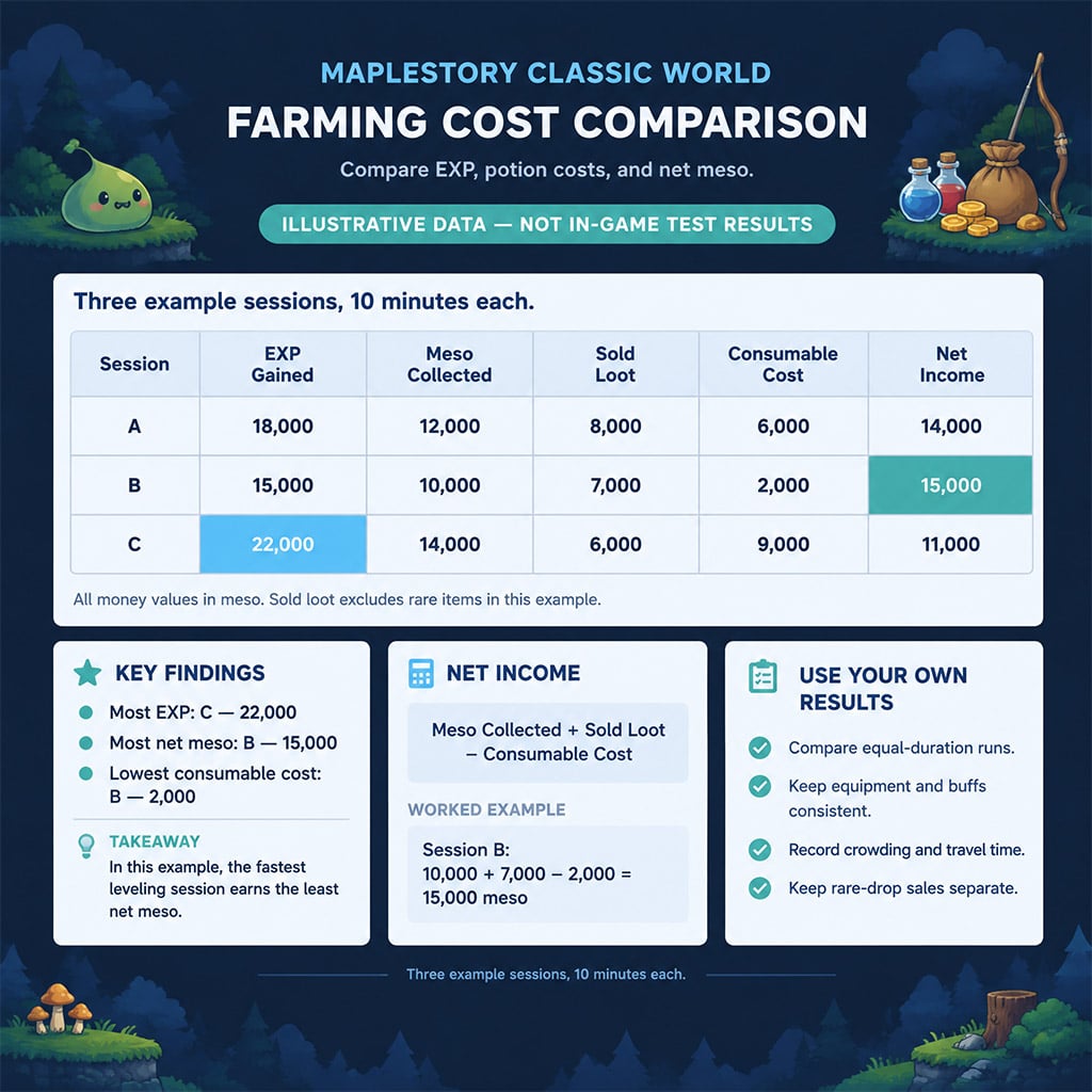 Farming worksheet comparing EXP, loot sales, and potion spending